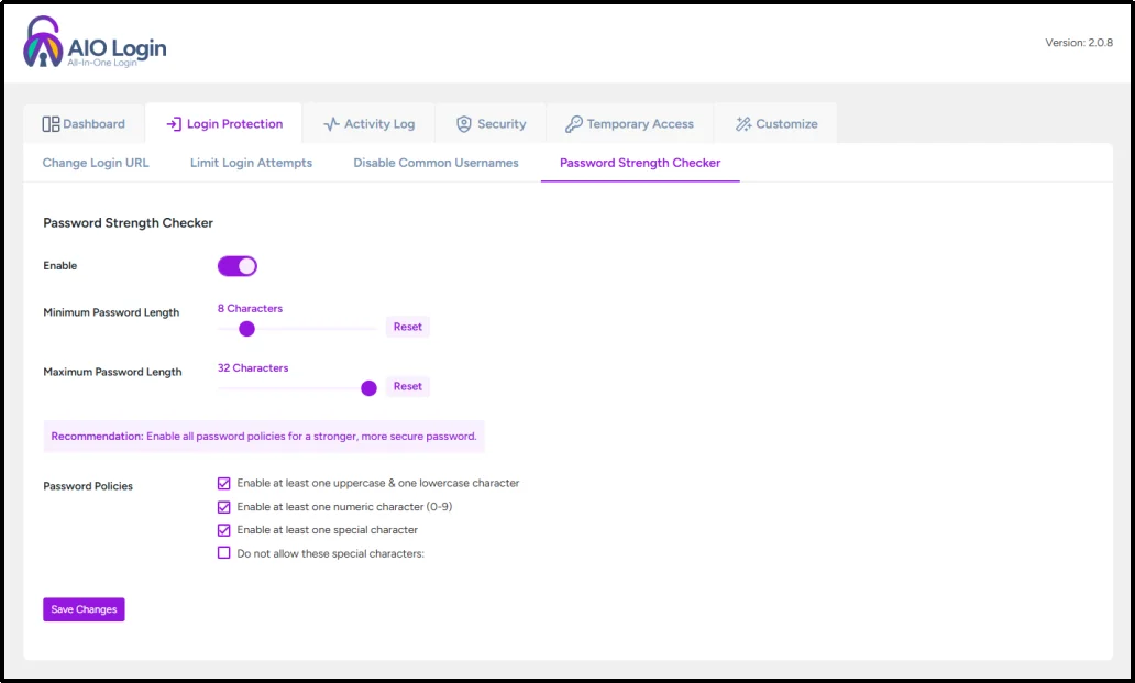 Password strength checker feature in AIO Login plugin