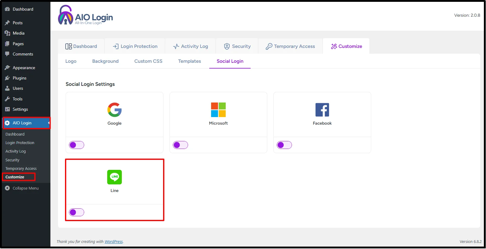Social login option available in AIO Login plugin settings