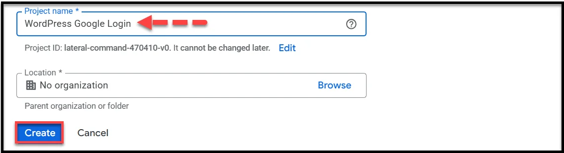 Entering the project name in Google Cloud Console