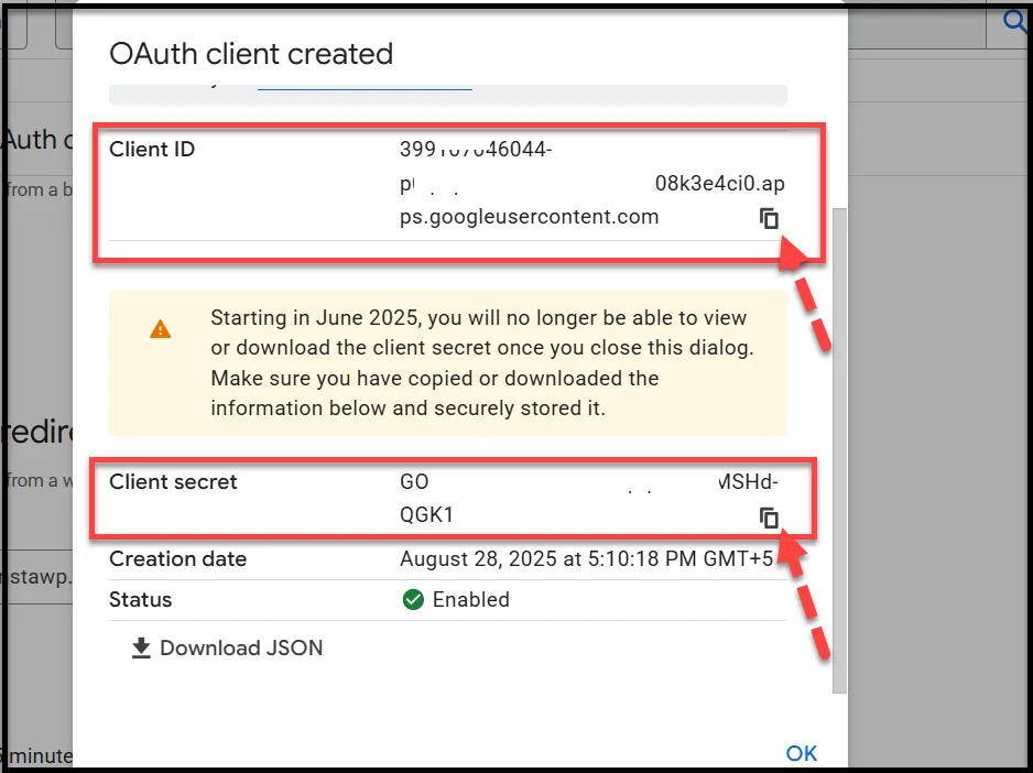 Viewing client ID and client secret in Google Cloud