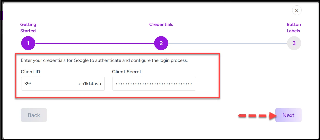 Pasting client ID and secret credentials in WordPress