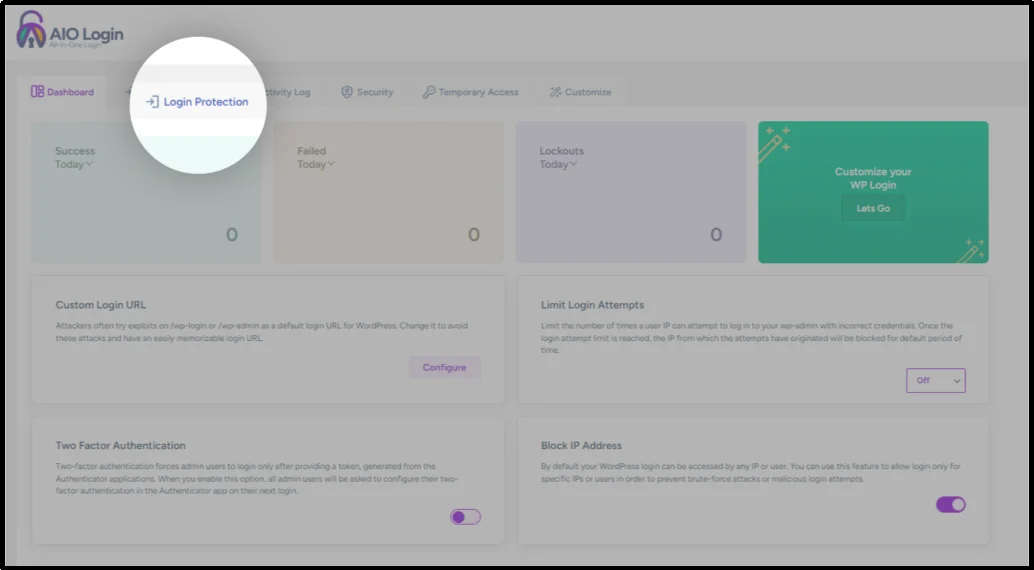 Navigate to login protection section in AIO Login plugin