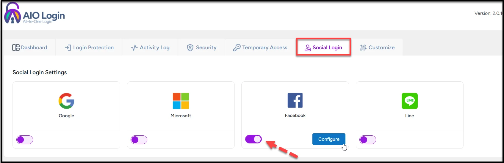 Toggling on the Facebook social login option in plugin settings