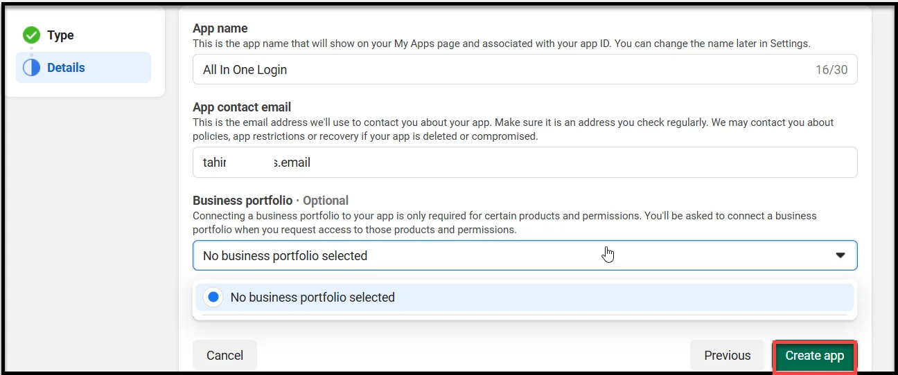 Clicking the Create App button in Facebook developer portal