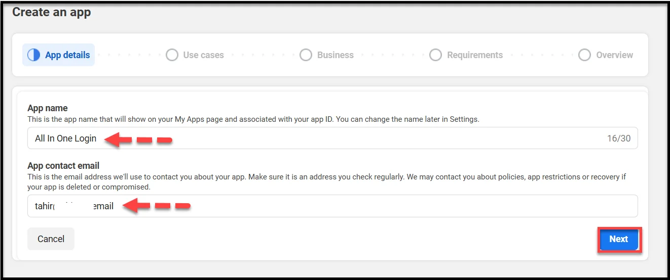 Providing app details in Facebook developer settings