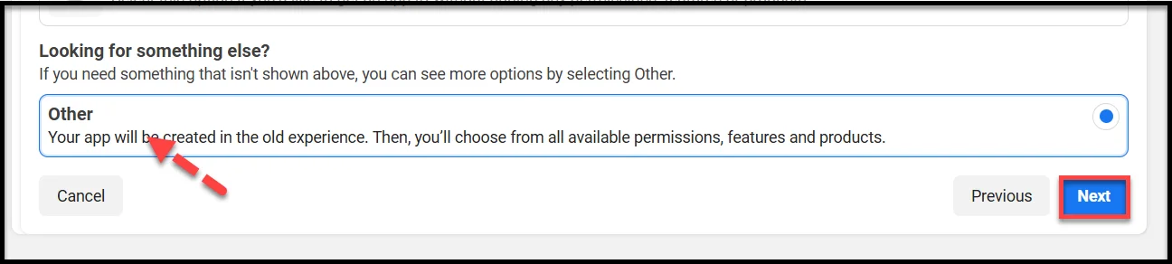 Selecting "Other" as the app category in Facebook app setup