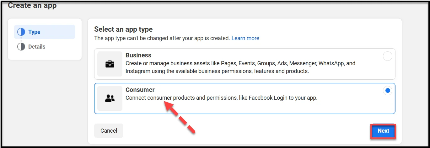 Choosing Consumer as the Facebook app type