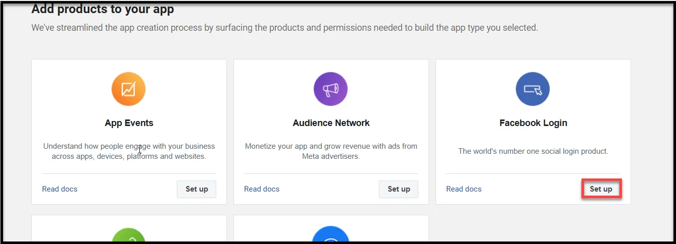 Clicking Set Up for Facebook login configuration