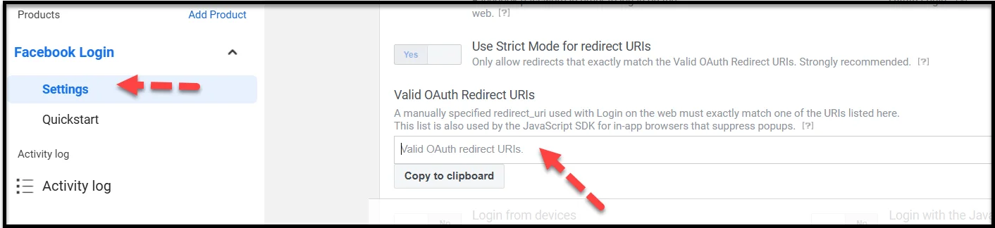 Clicking the Settings option in Facebook app dashboard
