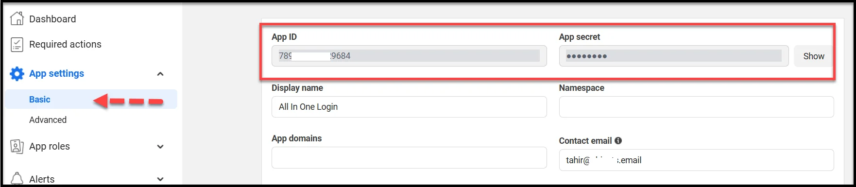 Viewing the basic app settings in Facebook developer dashboard