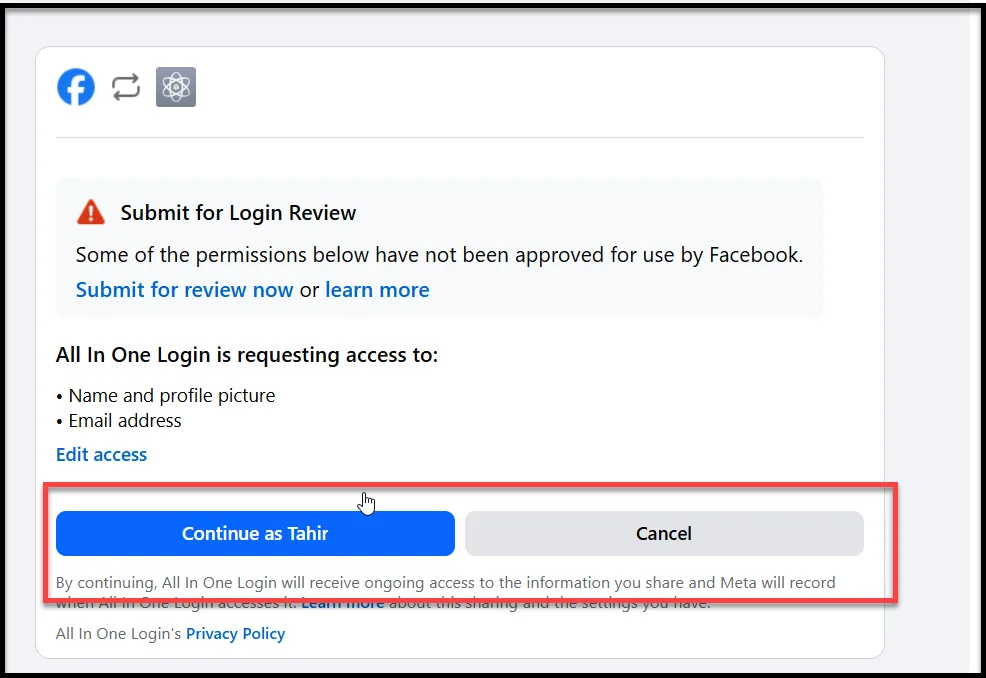 Facebook login popup asking for user authorization