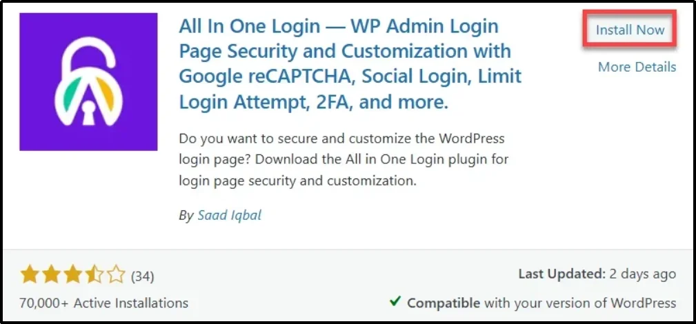 Screenshot showing the WordPress search bar with the All-in-One Login plugin highlighted