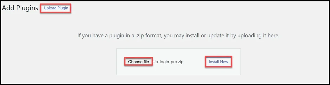 Screenshot of the WordPress plugin upload page with the ZIP file selected