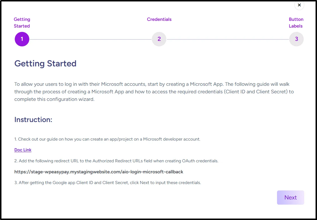 Screenshot of the Azure portal page used to generate credentials