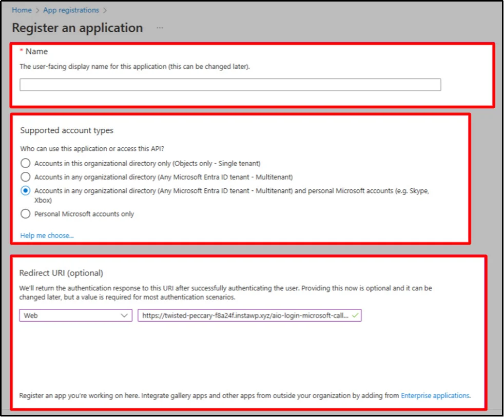 Screenshot showing the Register button highlighted in Azure