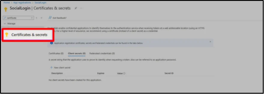 Screenshot highlighting Certificates and Secrets under the Manage menu