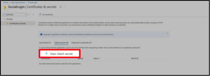 Screenshot showing the New Client Secret option
