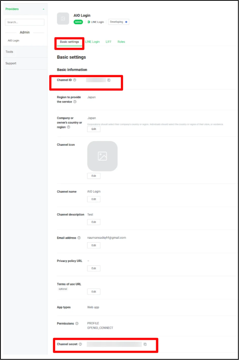 View LINE channel ID and secret
