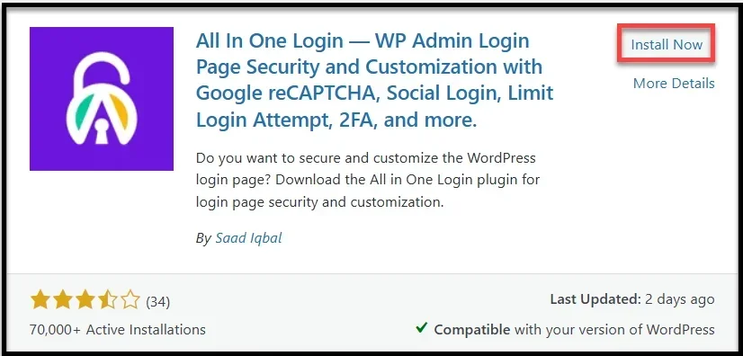 Screenshot showing how to install the All-in-One Login plugin in WordPress