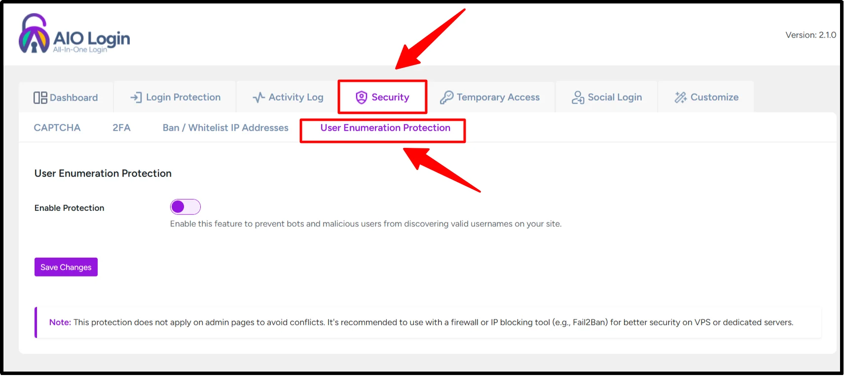Screenshot of the User Enumeration settings section in All-in-One Login