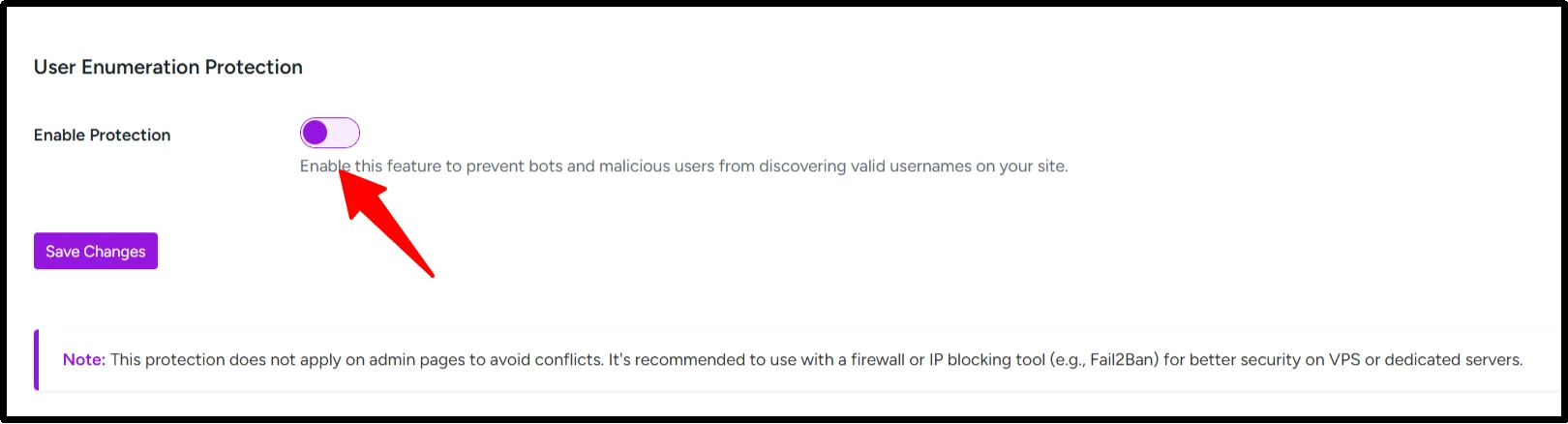 Screenshot showing the toggle to enable user enumeration protection