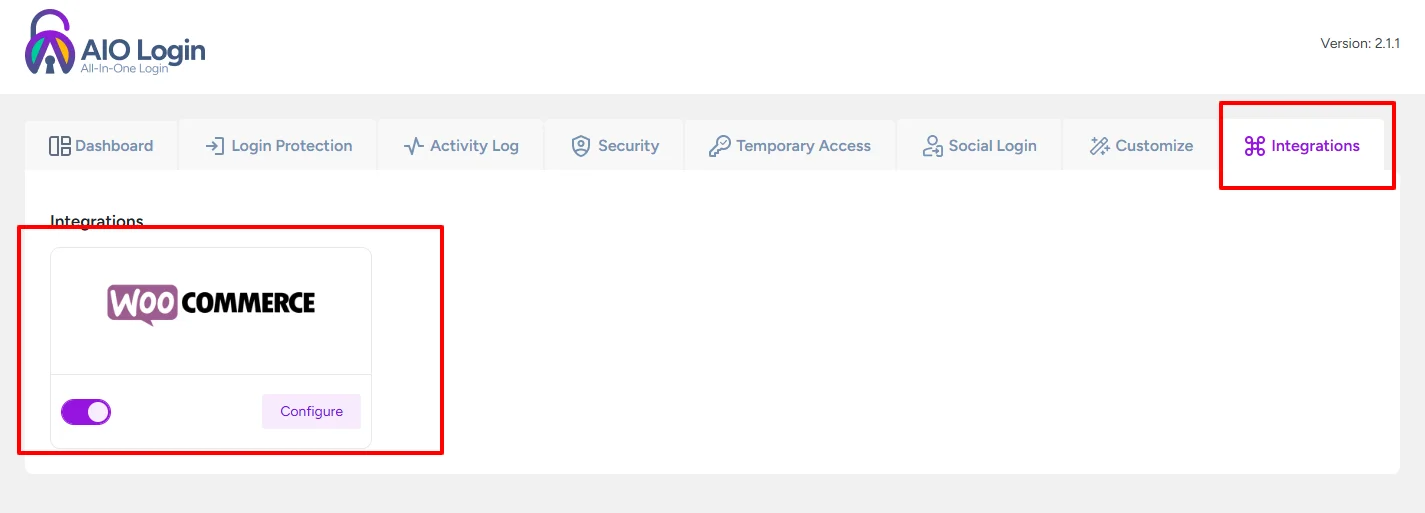 WooCommerce integration option displayed in the AIO Login plugin settings