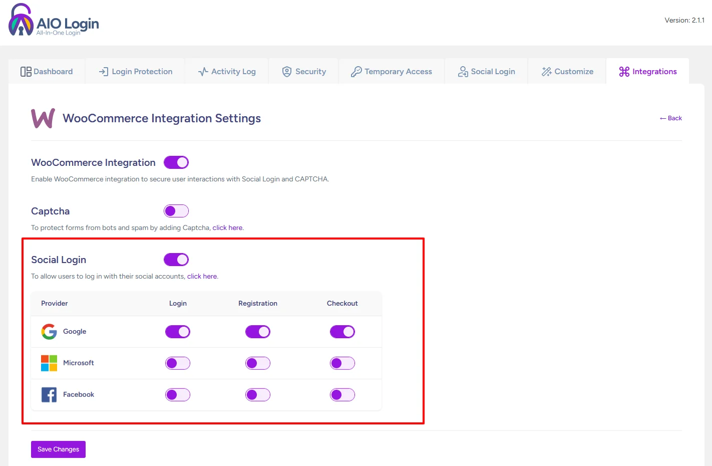 WooCommerce integration settings configuration screen in AIO Login
