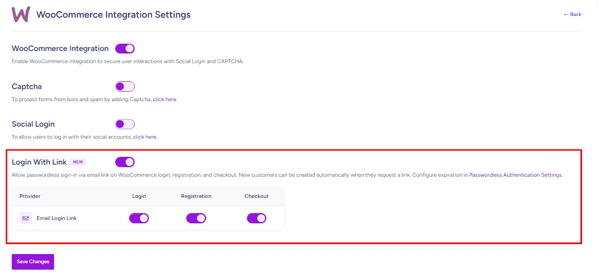 Login Links can be enabled on