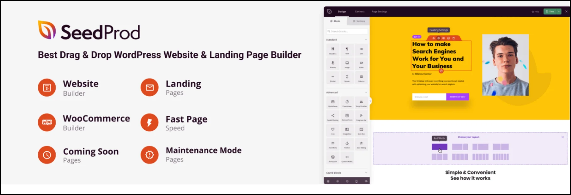 SeedProd drag-and-drop landing page builder plugin interface for WordPress