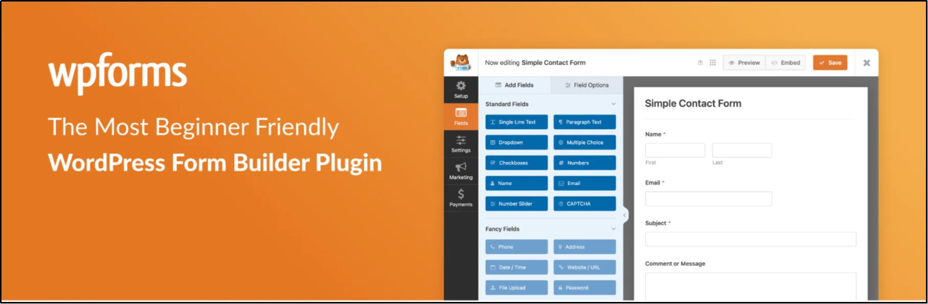 WPForms WordPress form builder plugin dashboard with form creation options