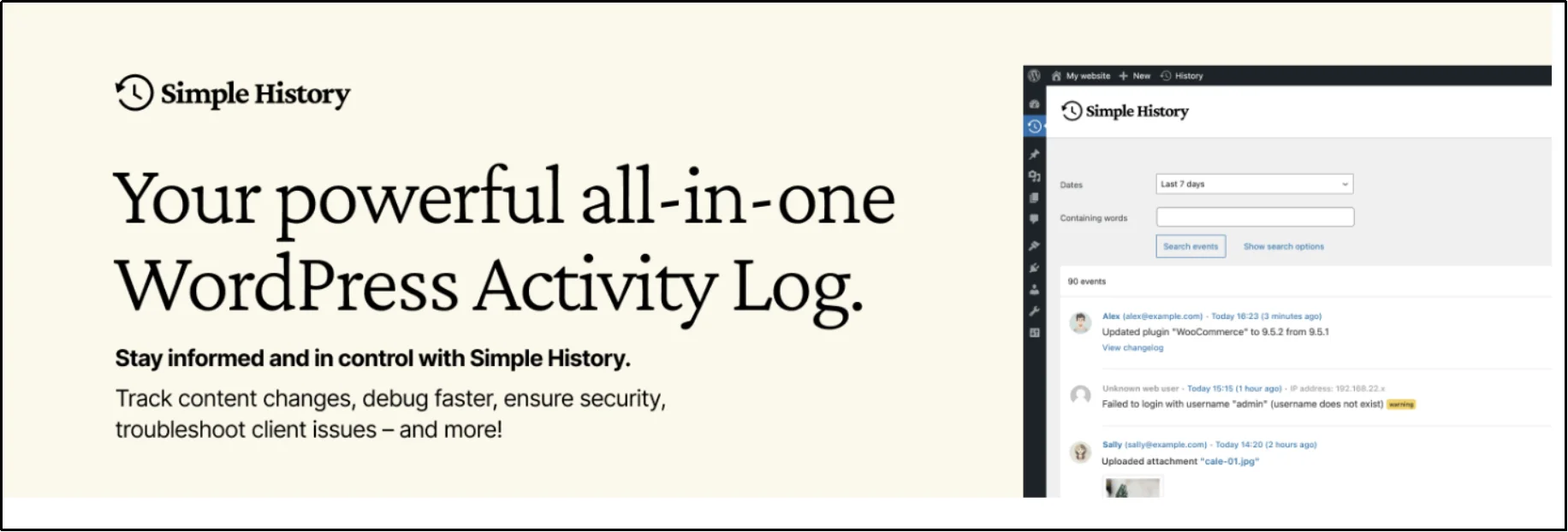 Simple History plugin displaying WordPress activity logs and user actions