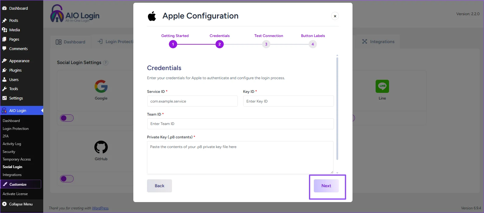 Step 3: Enter Credentials (Wizard Step 2)