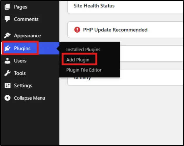 Add Plugin option in the WordPress Plugins menu