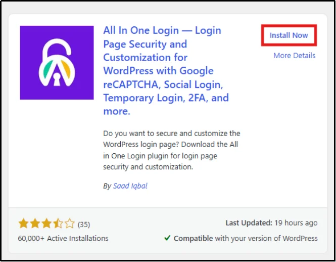 Click Install Now to install the All In One Login plugin