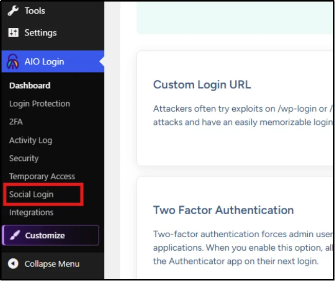 Open the Social Login settings in All In One Login