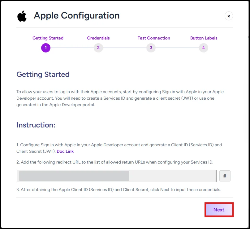 Apple Social Login setup wizard in All In One Login