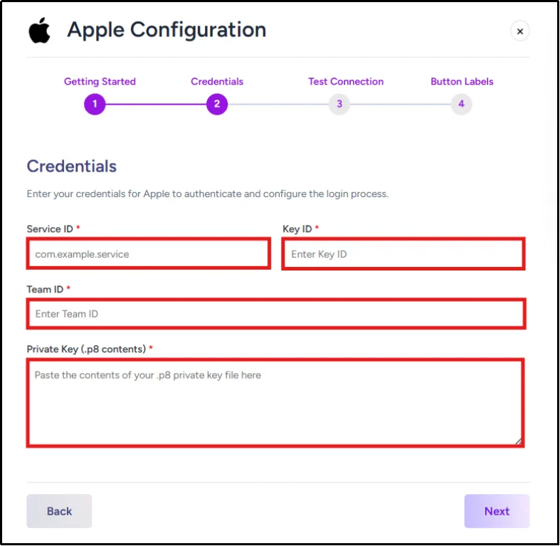 Enter Apple Developer credentials for Apple Social Login configuration