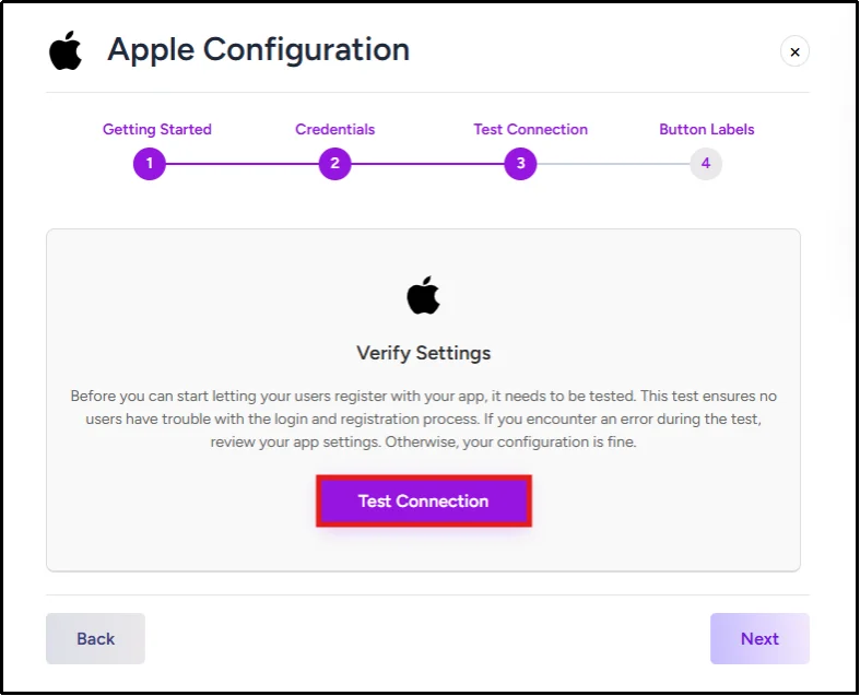 Test the Apple Social Login connection settings