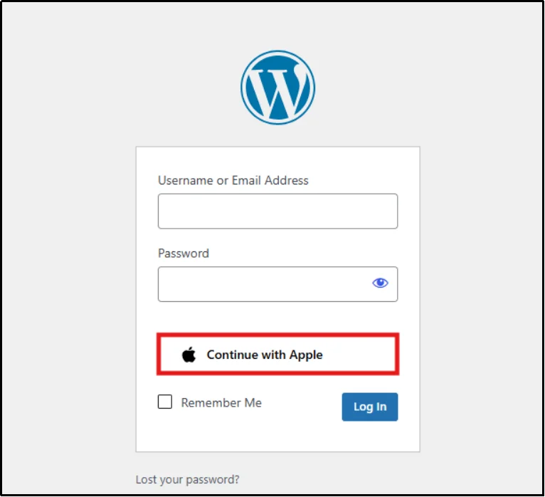 Apple Social Login button displayed on the WordPress login page