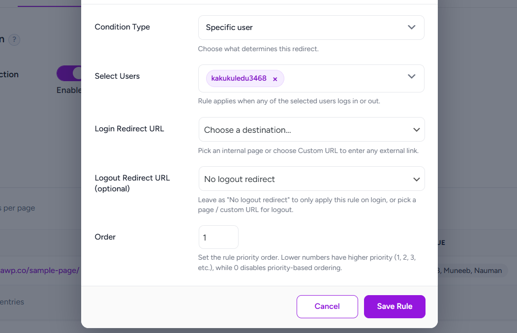 Priority-based rule processing for WordPress login redirection settings