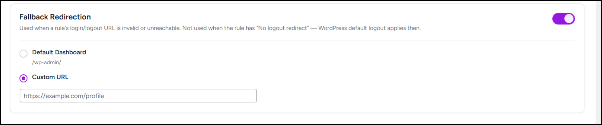 Configure fallback redirection rules for WordPress login and logout actions