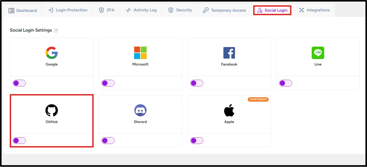 Enable GitHub Social Login by turning on the GitHub toggle button