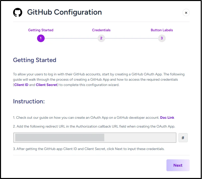 GitHub Social Login configuration wizard in All In One Login