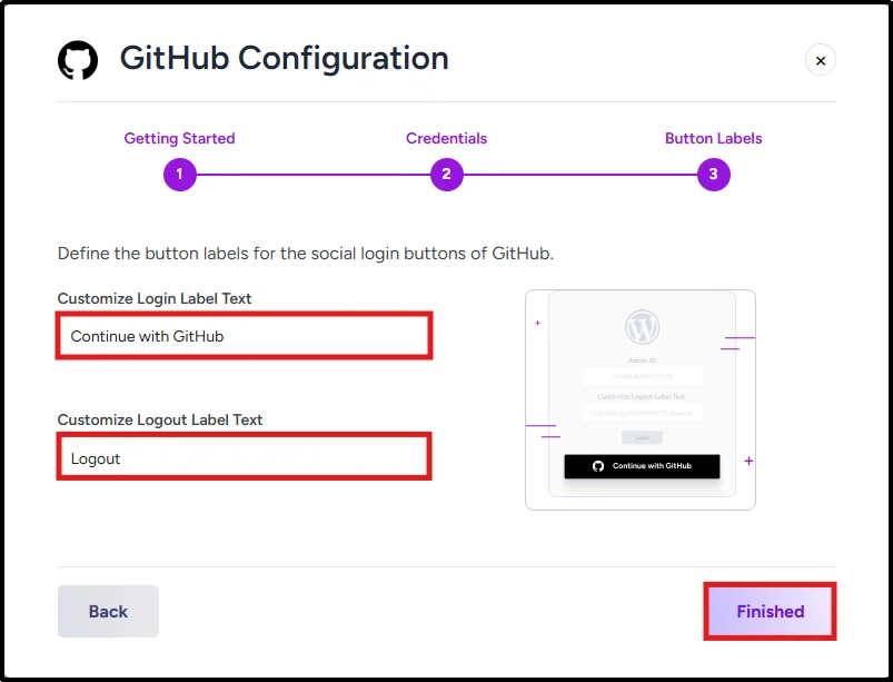 Customize GitHub login and logout button labels in WordPress