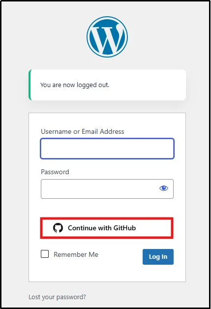 GitHub Social Login button displayed on the WordPress login page