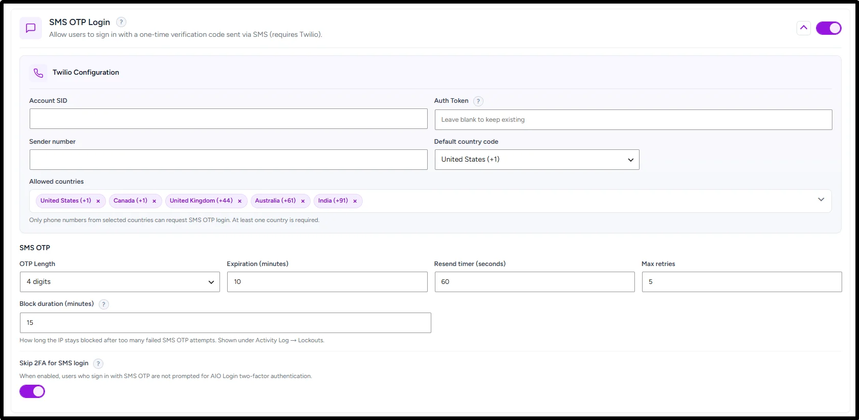 SMS OTP Login interface for secure WordPress passwordless login