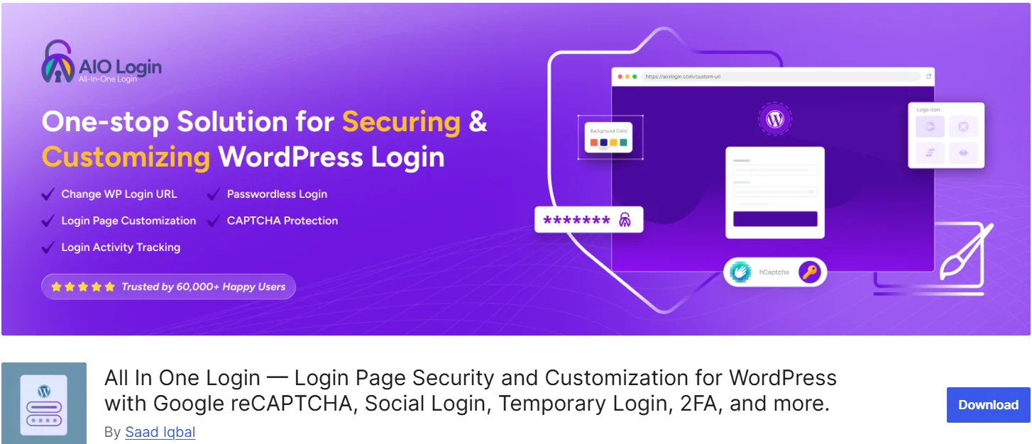All In One Login WordPress 2FA plugin dashboard with login security features