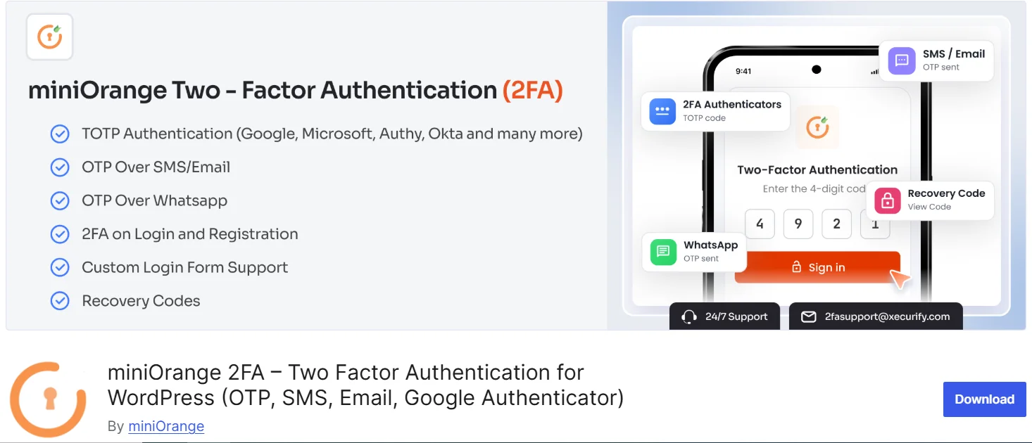 miniOrange 2FA plugin dashboard showing multi-factor authentication for WordPress