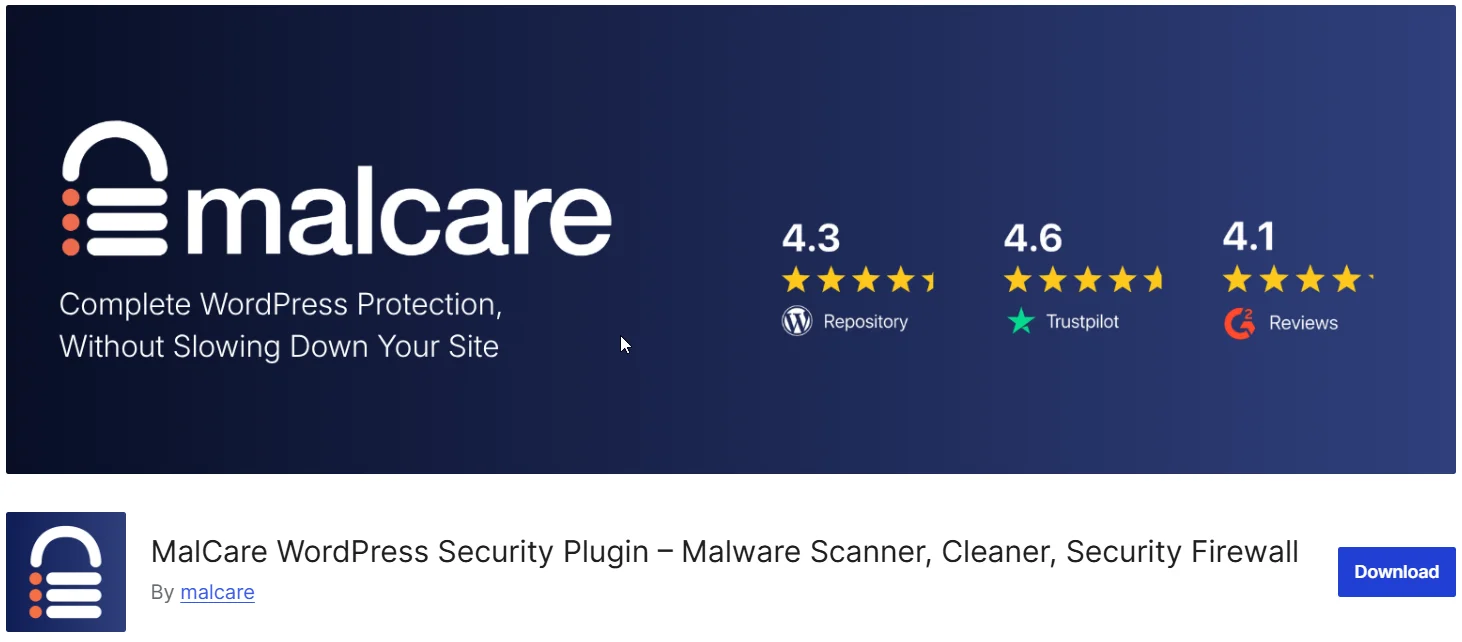 MalCare security plugin dashboard with built-in WordPress two-factor authentication