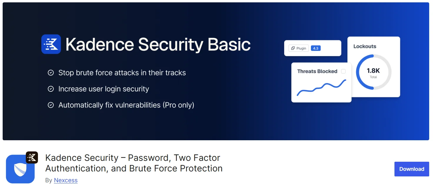 Kadence Security plugin interface featuring WordPress login security and 2FA